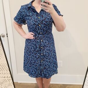 Sharagano Blue Floral Button Front Ruffle Sleeve Midi Dress